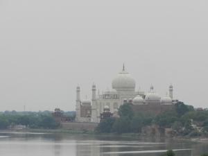 view of the Taj Mahal from the Agra Fort